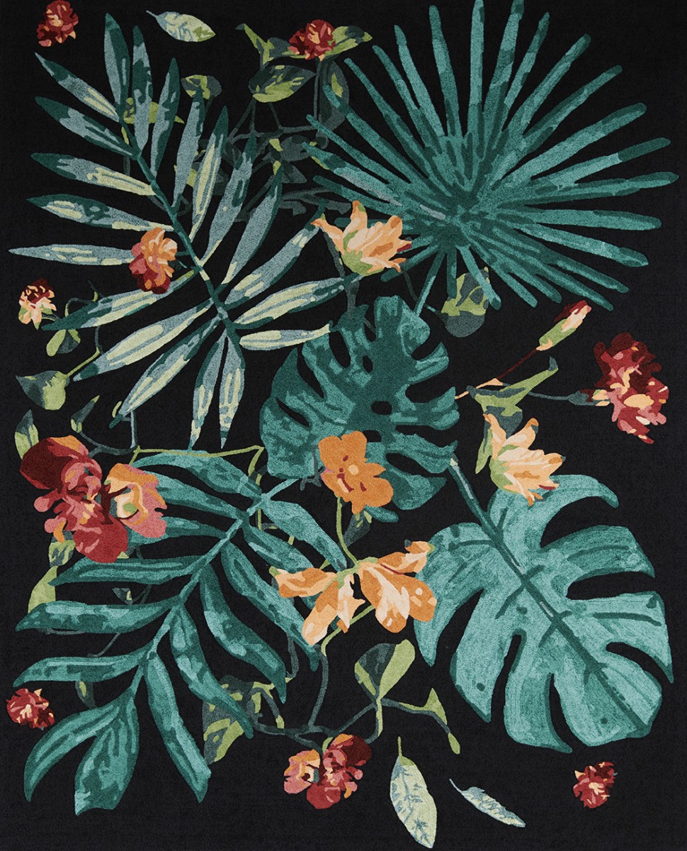 Monstera leaf rug green orange red and black background hand tufted