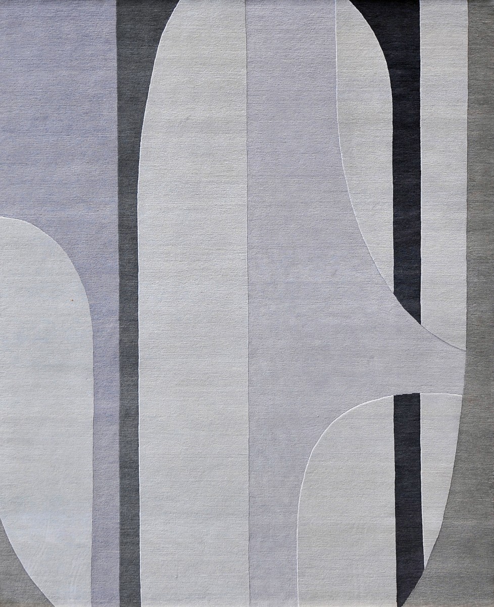 SERENA DUGAN grey and lavender  and artisanal hand knotted wool rug with columns  and abstract shapes 