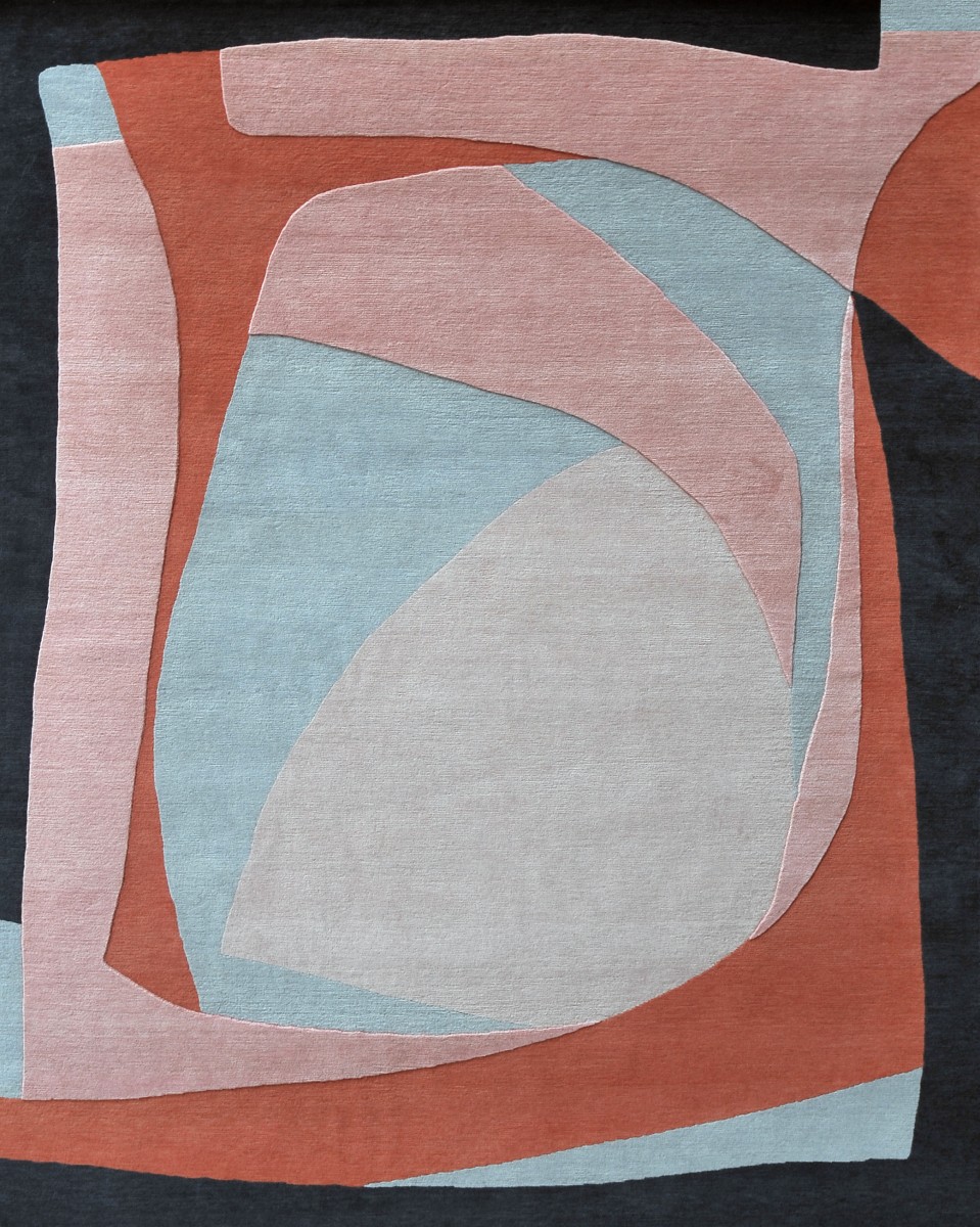 SERENA DUGAN pink blue and navy artisanal hand knotted wool rug with organic and abstract shapes