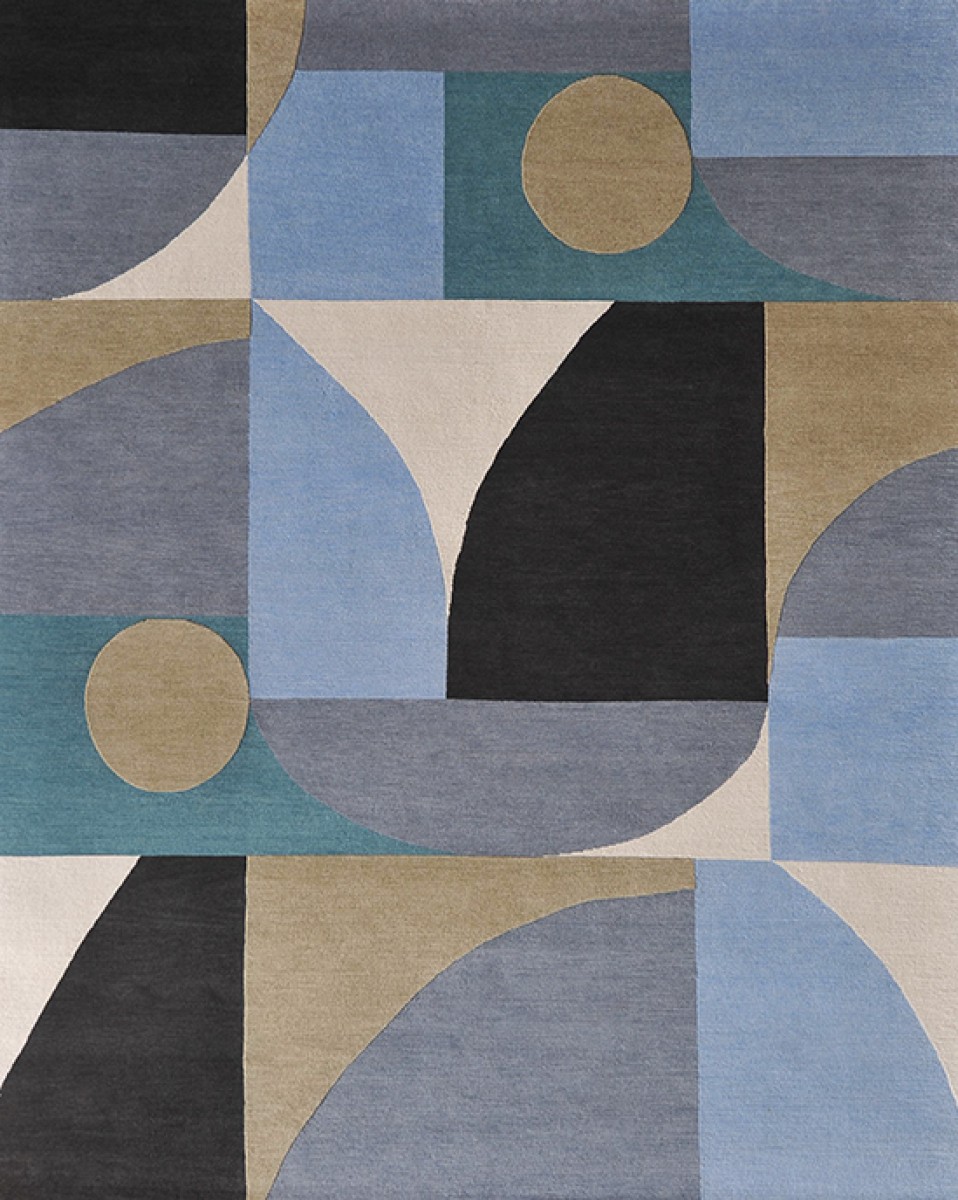 Geometric hand knotted green, blue, neutral rug, circles, squares and alternative shapes