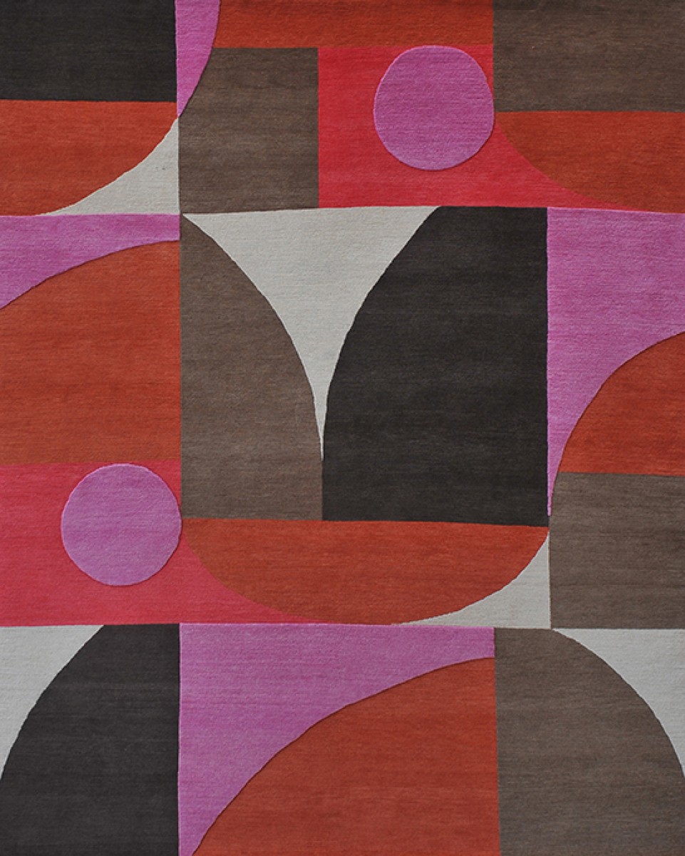 Geometric hand knotted pink, red, neutral rug, circles, squares and alternative shapes