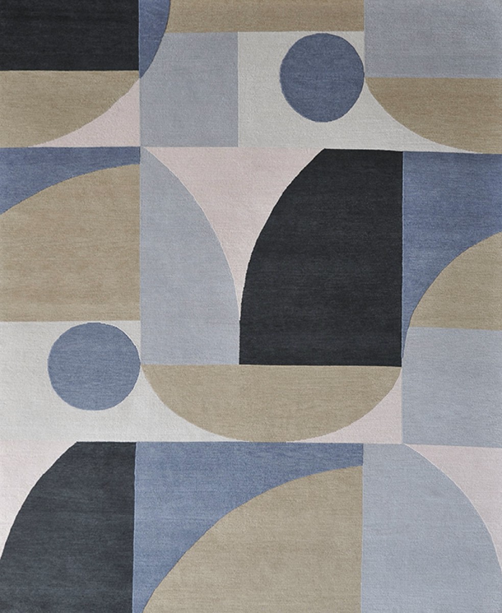 Geometric hand knotted blue, navy, neutral rug, circles, squares and alternative shapes