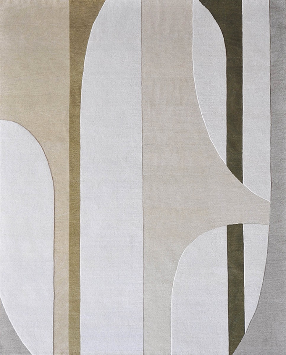 SERENA DUGAN sesame yellow, green and gray, artisanal hand knotted wool rug with columns  and abstract shapes 