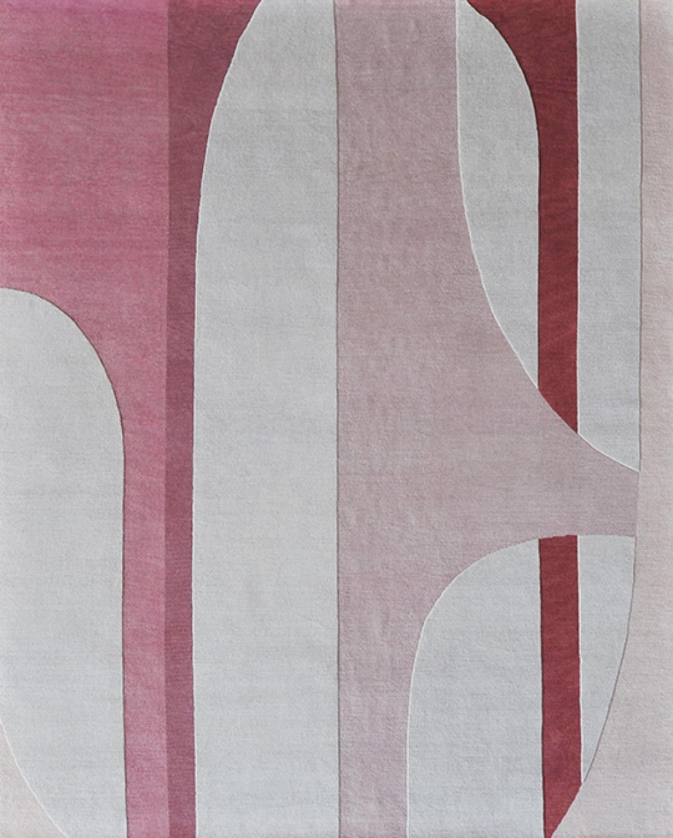 SERENA DUGAN pink, burgundy and white artisanal hand knotted wool rug with columns  and abstract shapes 