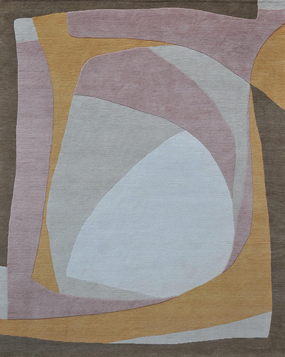 SERENA DUGAN pink yellow and brown artisanal hand knotted wool rug with organic and abstract shapes