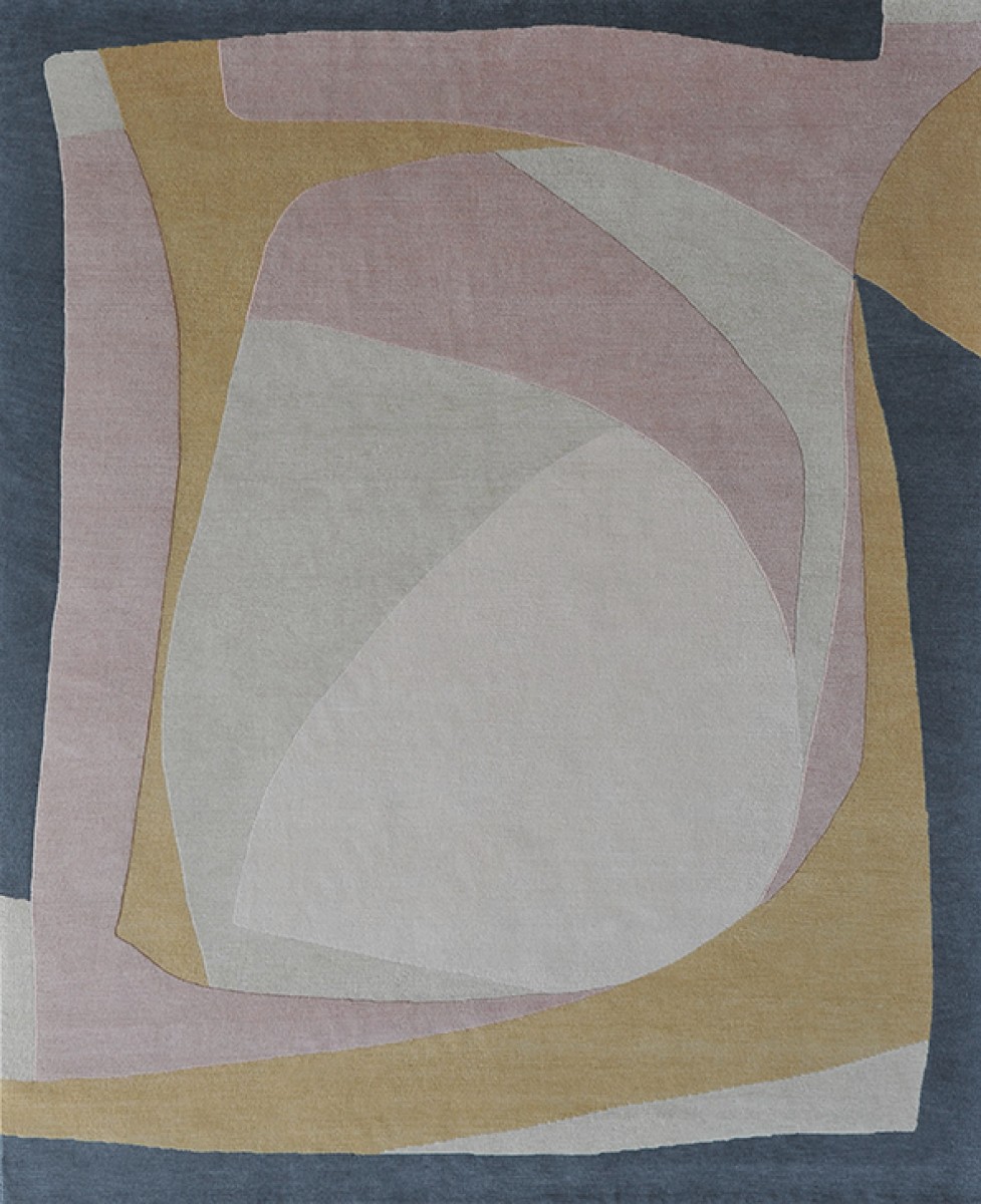 SERENA DUGAN pink yellow artisanal hand knotted wool rug with organic and abstract shapes
