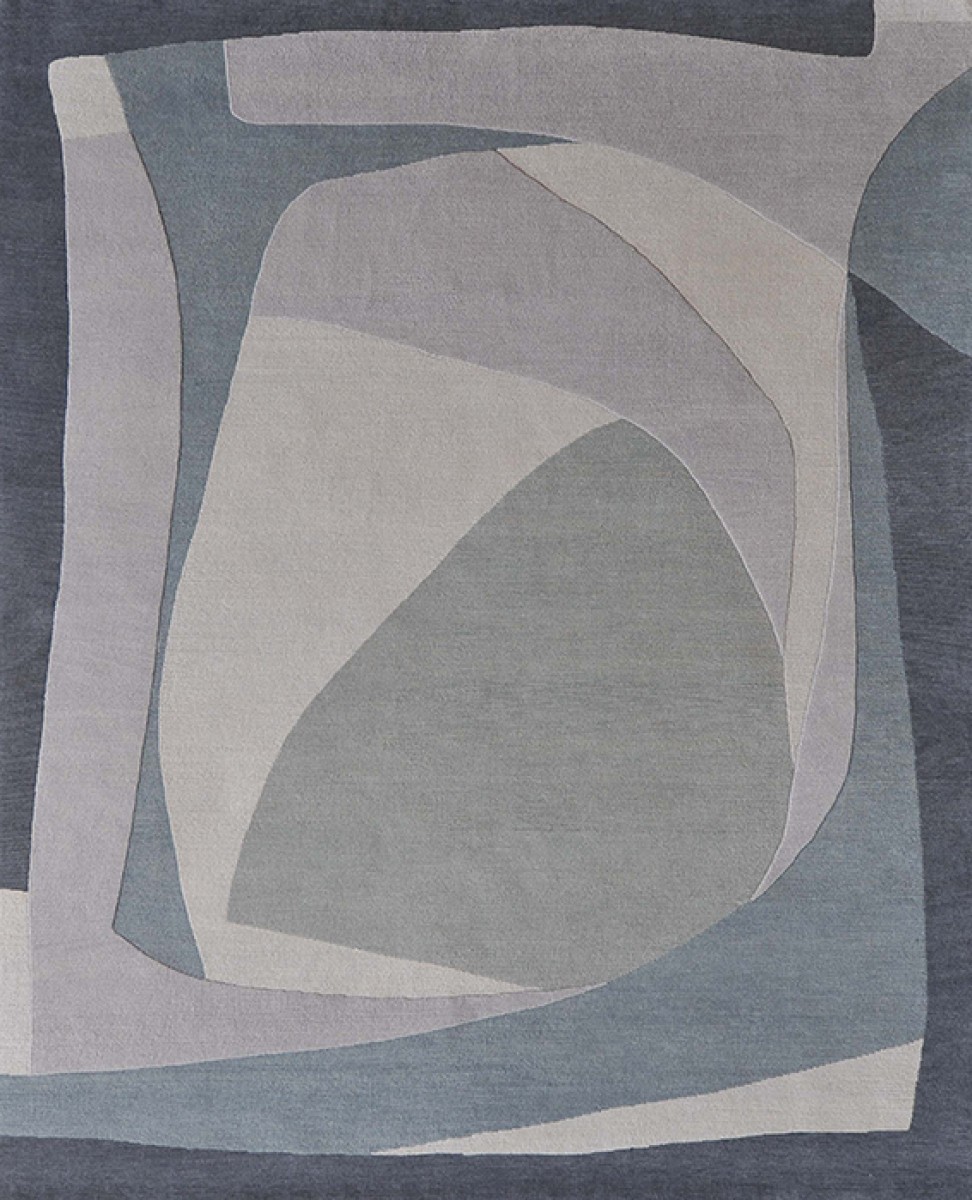 SERENA DUGAN navy gray and blue artisanal hand knotted wool rug with organic and abstract shapes