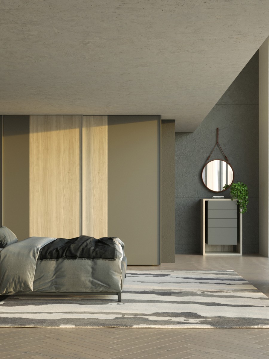 Minimalist bedroom with Cedar rug in beige by Erik Lindstrom