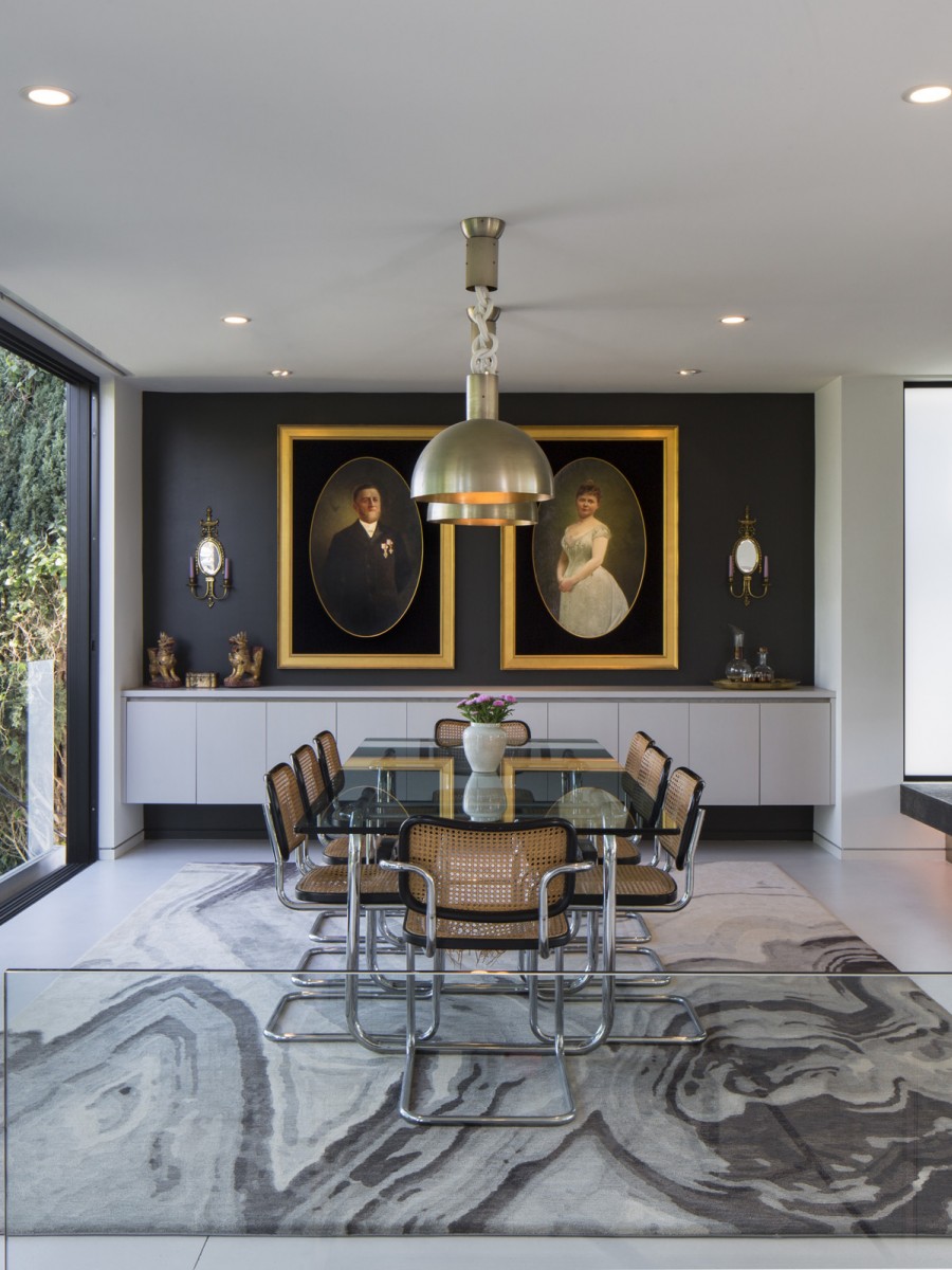 Laguna Rug in Gray and Cream displayed in a beautiful dining room with large window