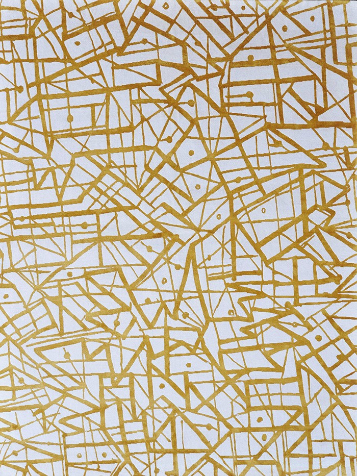 Gold and white abstract lined hand knotted rug by Brian O’Hara