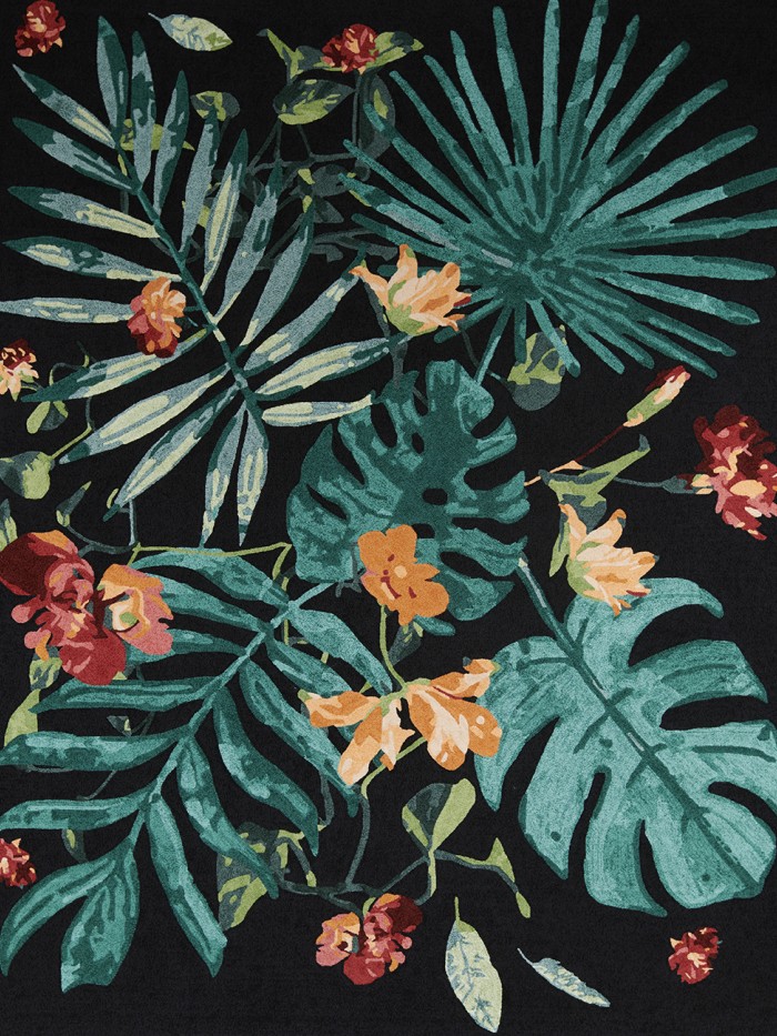 Monstera leaf rug green orange red and black background hand tufted