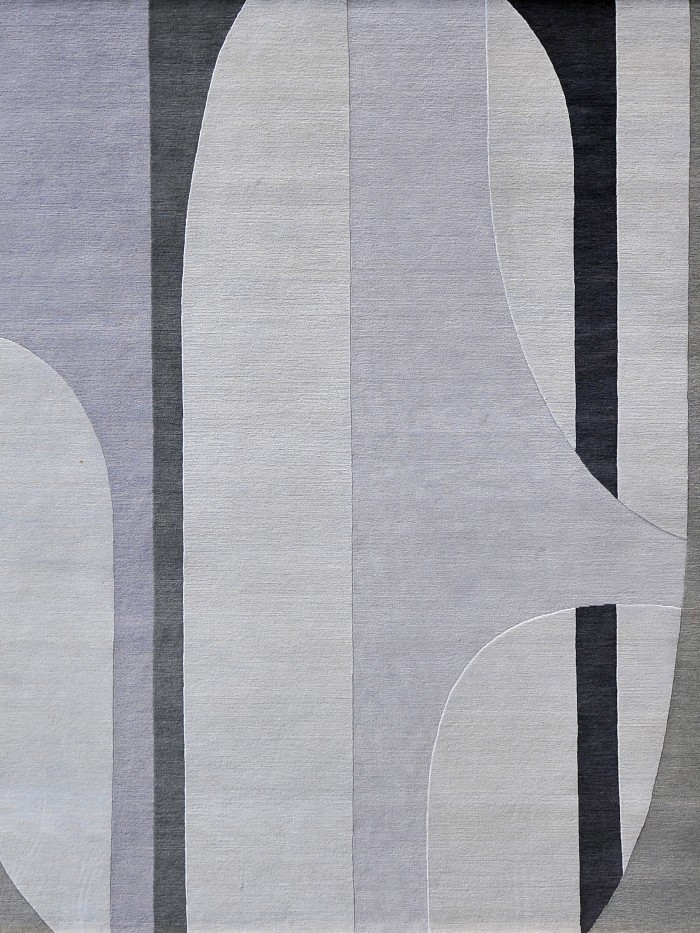 SERENA DUGAN grey and lavender  and artisanal hand knotted wool rug with columns  and abstract shapes 