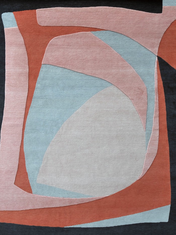 SERENA DUGAN pink blue and navy artisanal hand knotted wool rug with organic and abstract shapes