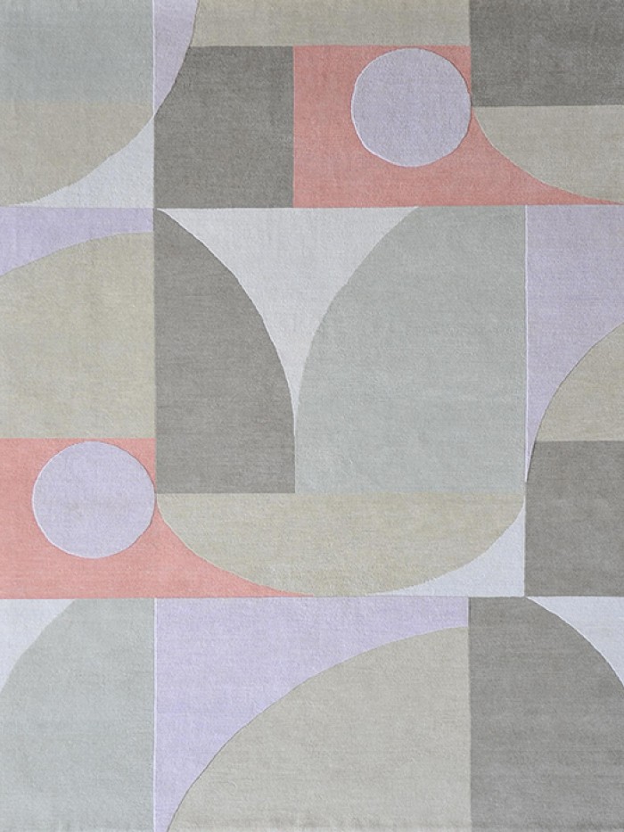 Geometric hand knotted pink, green, lavender, neutral rug, circles, squares and alternative shapes