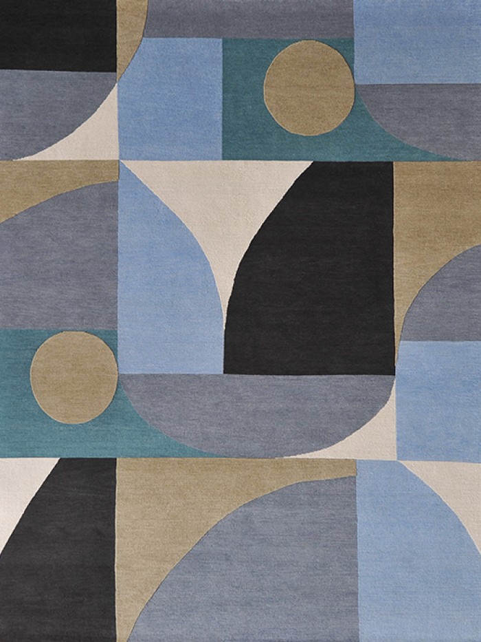 Geometric hand knotted green, blue, neutral rug, circles, squares and alternative shapes