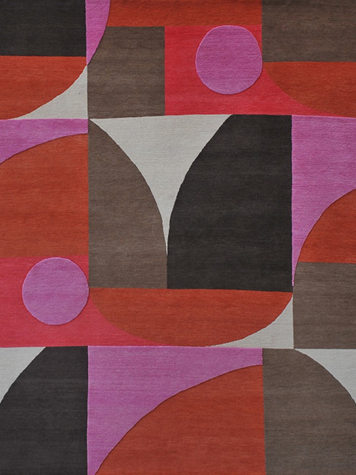 Geometric hand knotted pink, red, neutral rug, circles, squares and alternative shapes