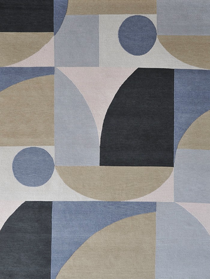 Geometric hand knotted blue, navy, neutral rug, circles, squares and alternative shapes