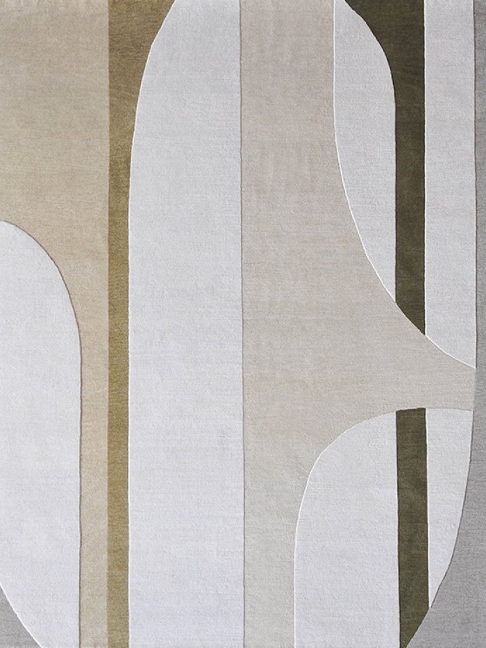 SERENA DUGAN sesame yellow, green and gray, artisanal hand knotted wool rug with columns  and abstract shapes 