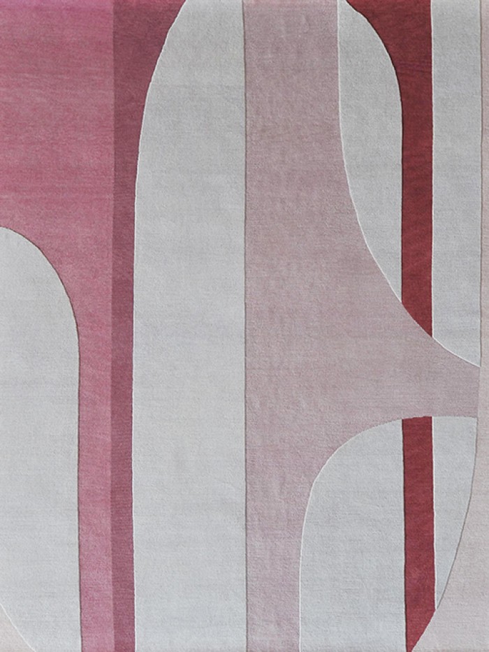 SERENA DUGAN pink, burgundy and white artisanal hand knotted wool rug with columns  and abstract shapes 