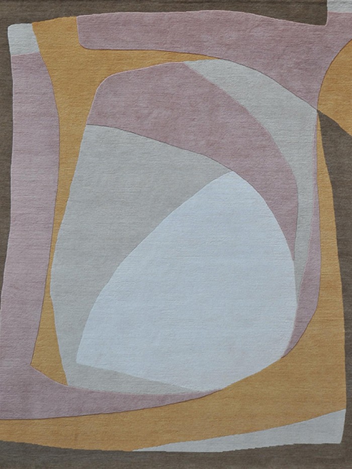 SERENA DUGAN pink yellow and brown artisanal hand knotted wool rug with organic and abstract shapes