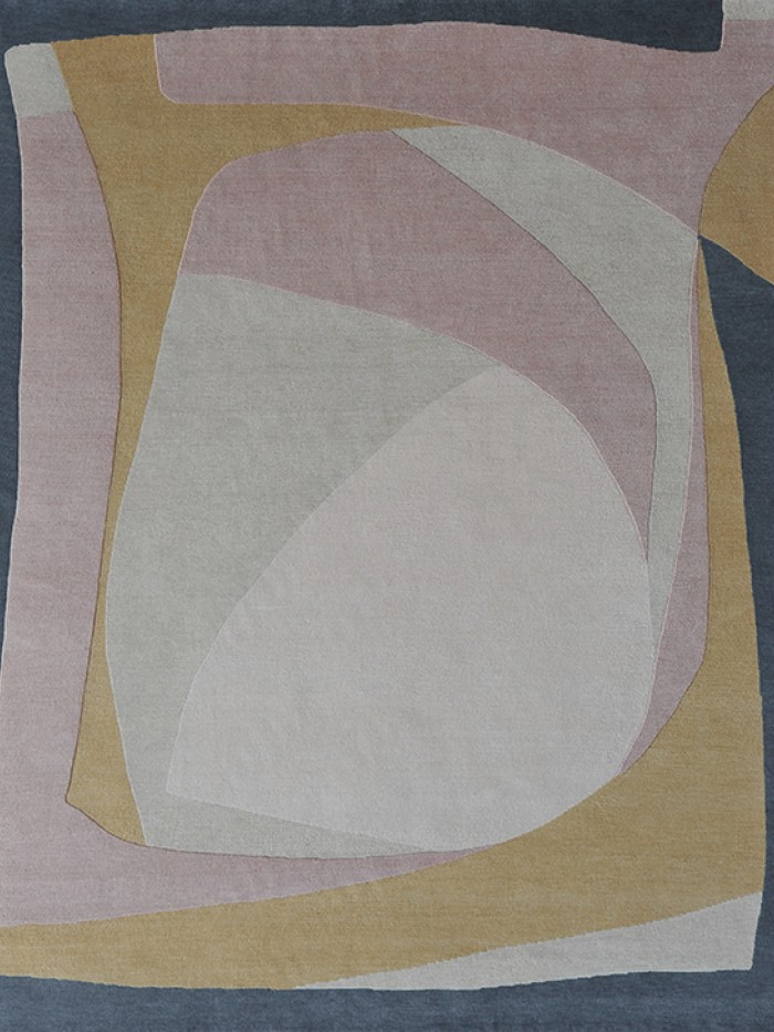 SERENA DUGAN pink yellow artisanal hand knotted wool rug with organic and abstract shapes