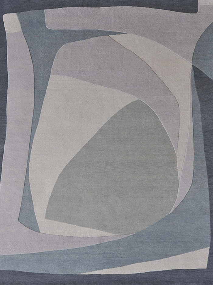 SERENA DUGAN navy gray and blue artisanal hand knotted wool rug with organic and abstract shapes
