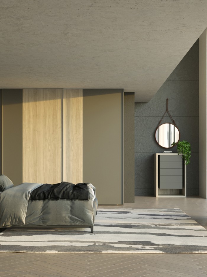 Minimalist bedroom with Cedar rug in beige by Erik Lindstrom